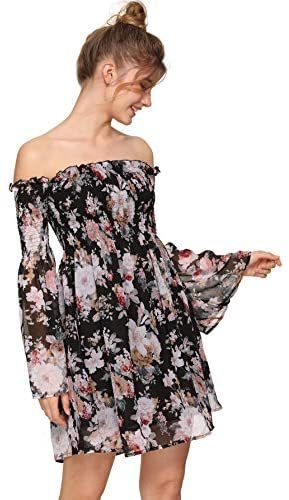 Romwe Women's Casual Floral Print Off Shoulder Trumpet Sleeve Swing Dress