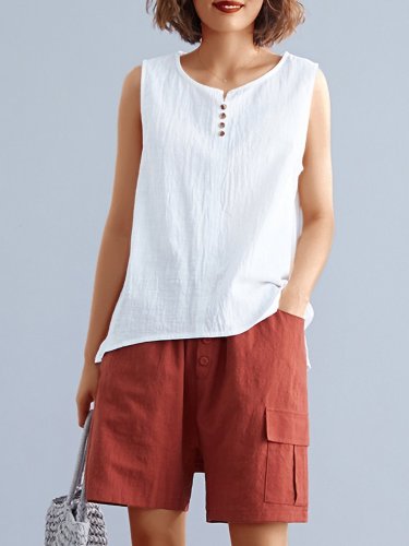 Women Solid Sleeveless Round Neck Loose Casual Vest Tops