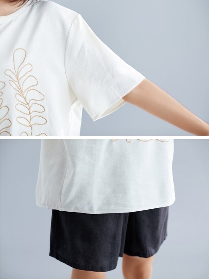 Plus Size Women Short Sleeve Round Neck Vintage Embroidered Floral Casual Tops