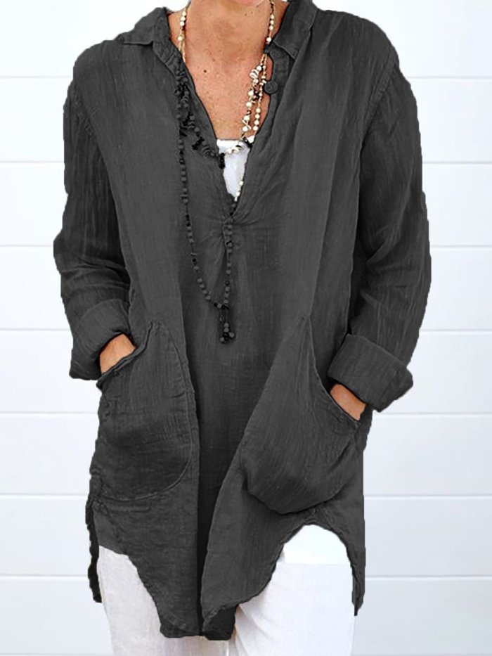 Double Pockets Long Sleeve Plus Size Shirts