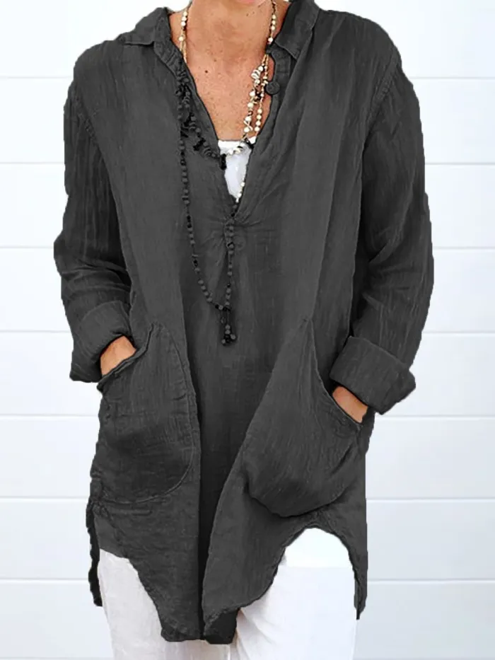 Double Pockets Long Sleeve Plus Size Shirts