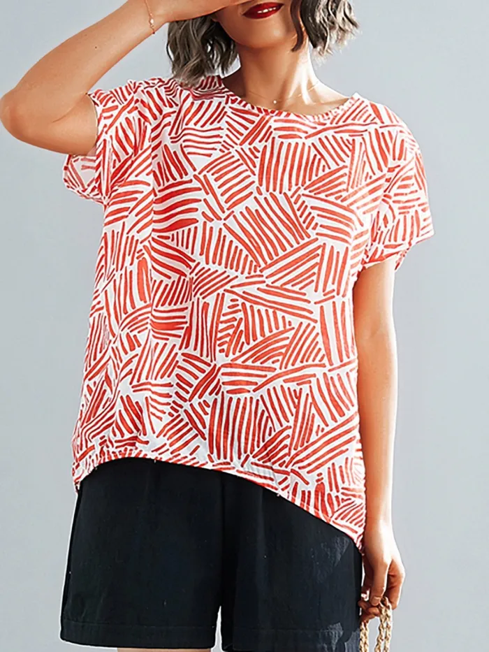 Plus Size Women Short Sleeve  Round Neck  Striped  Floral  Loose Casual  Tops