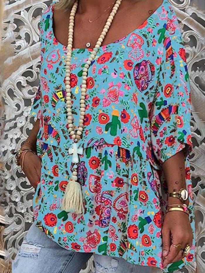 Floral Half Sleeve Causal Tops