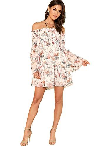 Romwe Women's Casual Floral Print Off Shoulder Trumpet Sleeve Swing Dress