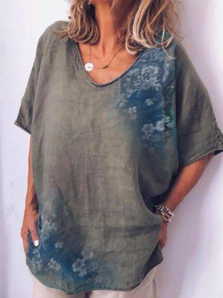 Casual Printed V-neck Short Sleeve Plus Size Blouse