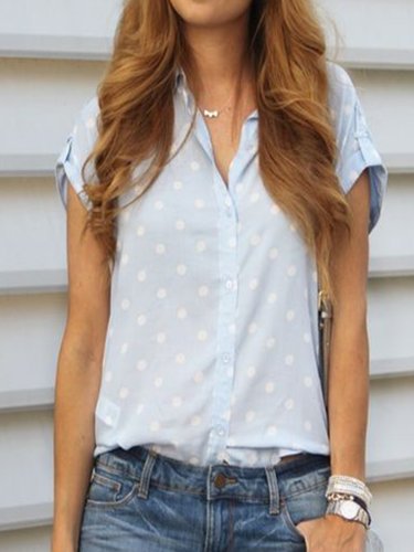 Blue Casual Polka Dots Cotton Shirts & Tops