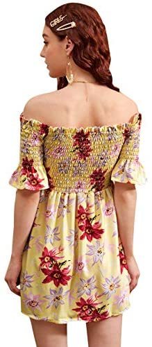 Romwe Women's Casual Floral Print Off Shoulder Trumpet Sleeve Swing Dress