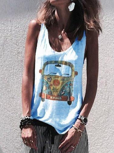 Sleeveless Cotton-Blend Printed Casual Shirts & Tops