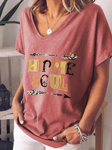 Short Sleeve V Neck Cotton-Blend Printed Shirts & Tops