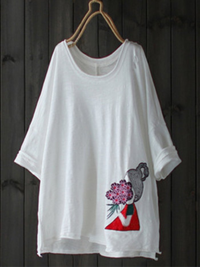 Round Neck Casual Embroidered Shirts & Tops