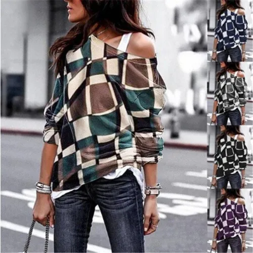 Women Long Sleeve Checkered Cotton-Blend Geometric Off-shoulder T-Shirts