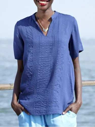 Plus Size Casual V Neck Short Sleeve Solid Tops