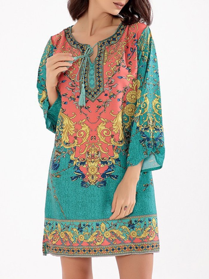 Tribal Boho 3/4 Sleeve Printed Tie-neck Dress