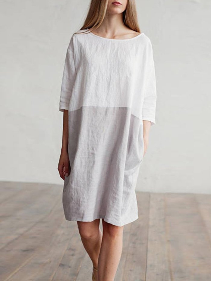 Brown 3/4 Sleeve Pockets Shift Plus Size Dress