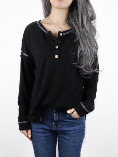 Solid Vintage Buttoned Long Sleeve T-Shirts