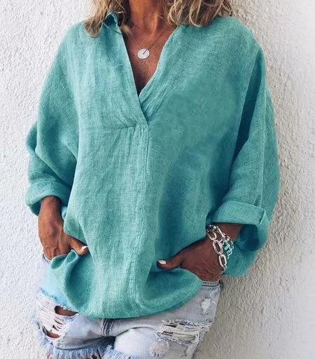 Plus Size V Neck Long Sleeve Casual Shirts & Tops