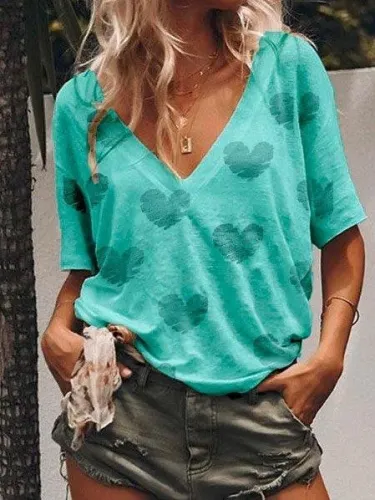 Women Summer Casula Loose V neck Polka Dots T Shirt Tops