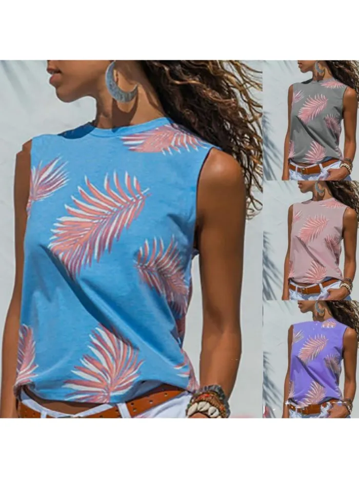 Summer Tops Leaf Print Sleeveless Crew Neck Casual Tanks