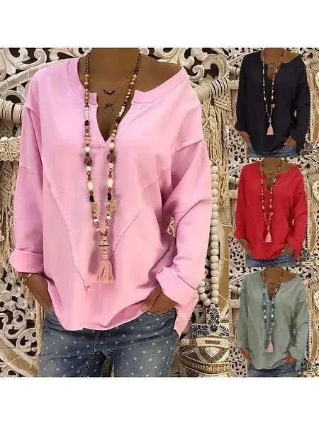 Paneled Polyester Casual V-Neck Blouse