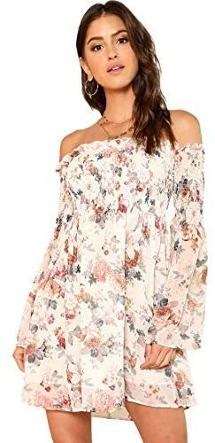 Romwe Women's Casual Floral Print Off Shoulder Trumpet Sleeve Swing Dress