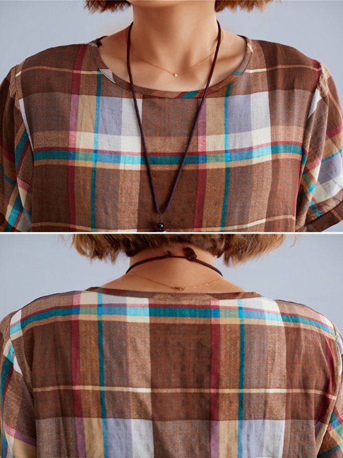 Plus Size Women Short Sleeve Round Neck Vintage Plaid Floral Casual Tops