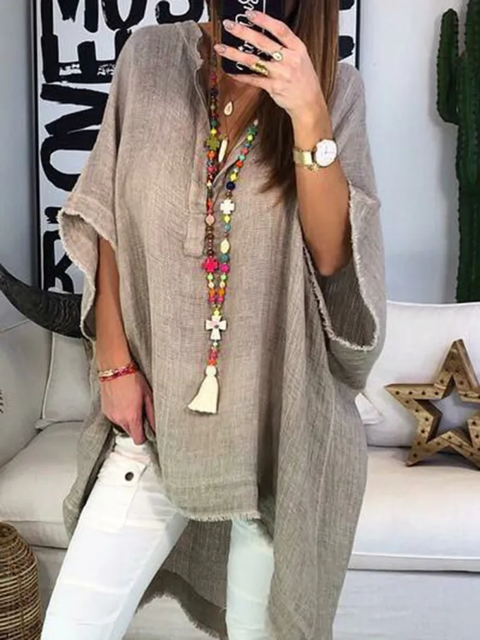 Women Boho Causal Tops V Neck Soild Half Sleeve Blouses