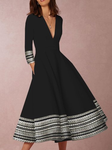 Black Patchwork Color-Block V Neck Evening Gowns Dresses