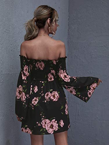 Romwe Women's Casual Floral Print Off Shoulder Trumpet Sleeve Swing Dress