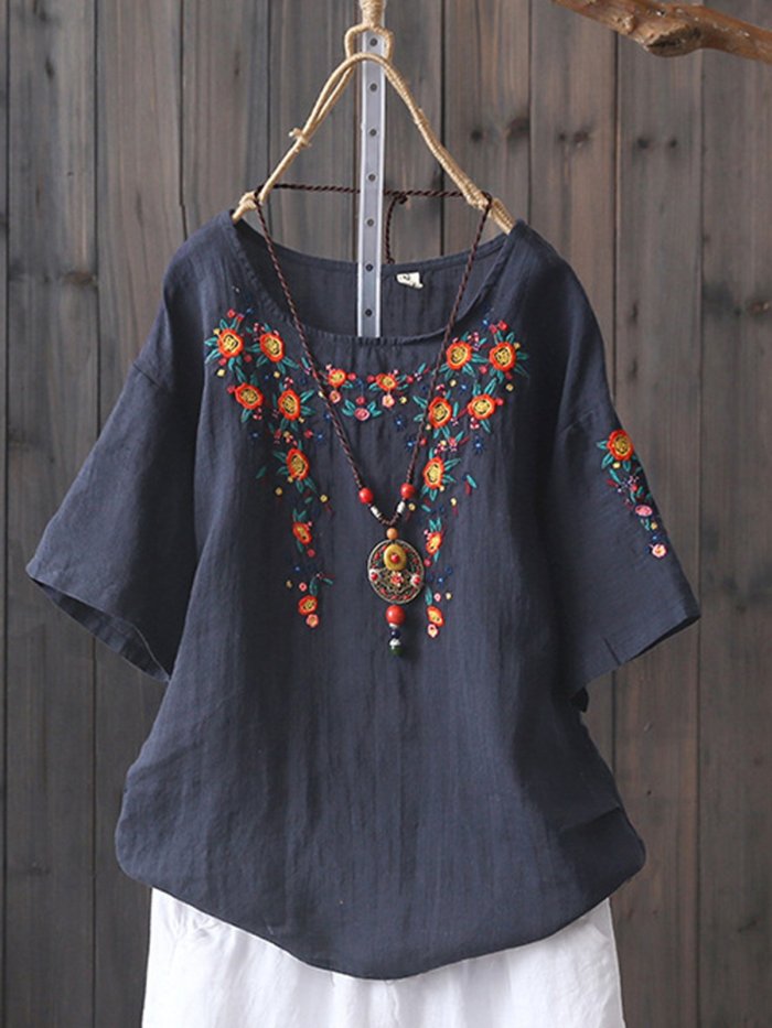 Women Casual Loose Embroidered Tops Tunic Blouse Shirt