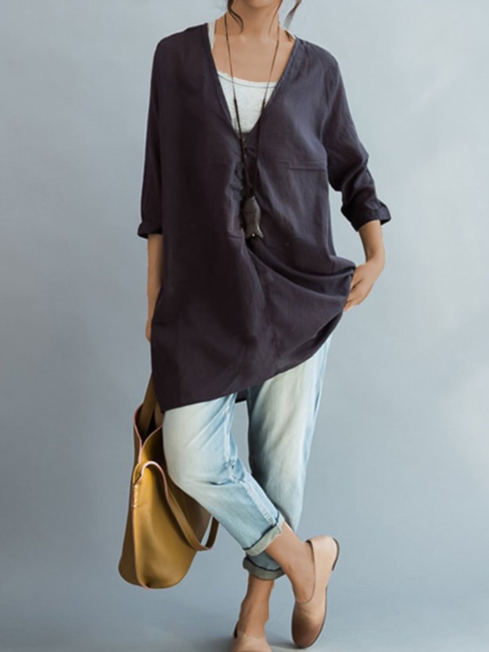 Plus Size Women Solid Front Button With Gray Sling Tops Loose Casual Midi Cotton Shirt
