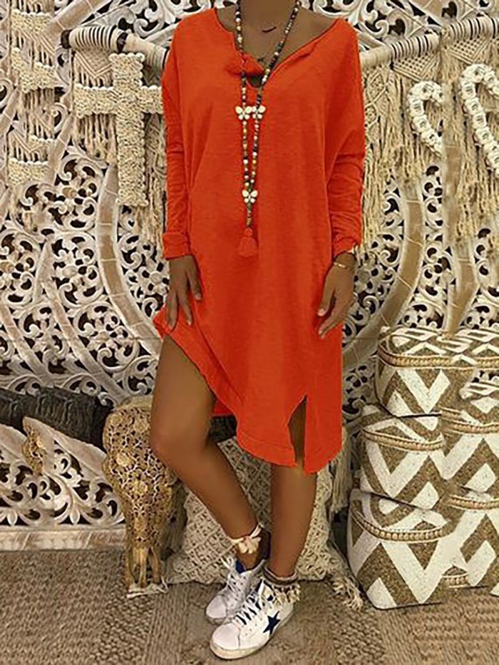 V-Neck Shift Women Daily Long Sleeve Solid Fall Dress