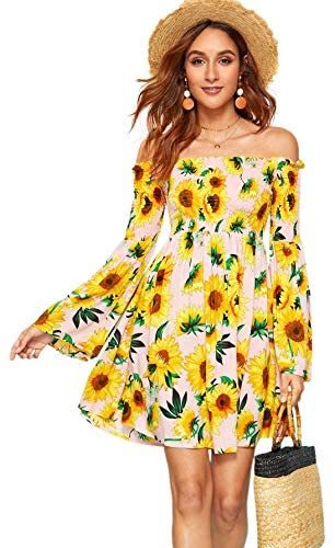 Romwe Women's Casual Floral Print Off Shoulder Trumpet Sleeve Swing Dress