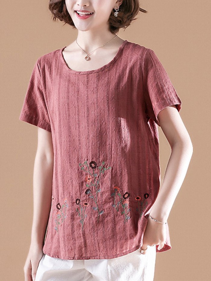 Embroidered Short Sleeve Cotton-Blend Shirts & Tops