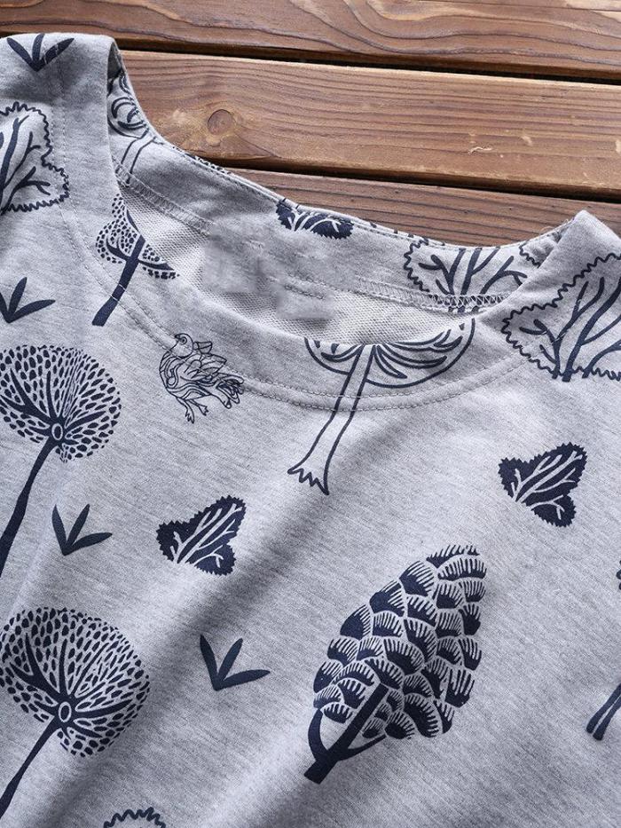 Long Sleeve Floral Round Neck Casual Tops