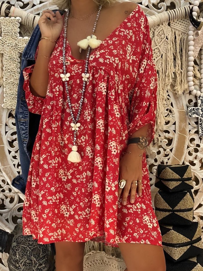 V Neck Floral Fall Dress