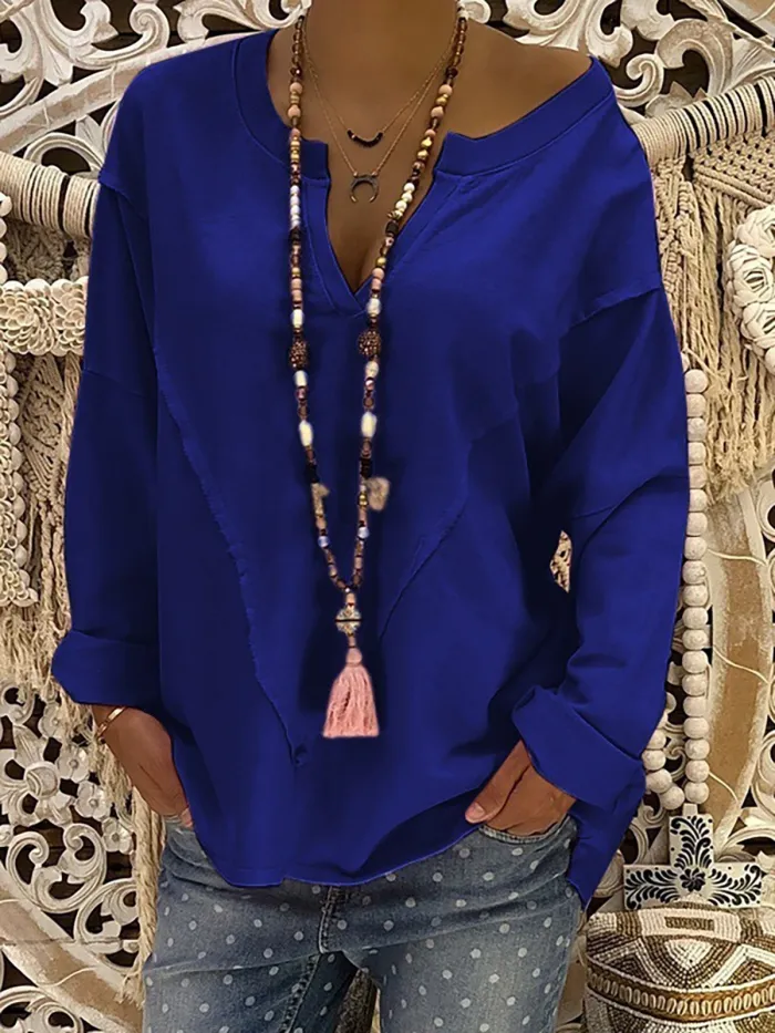 Paneled Polyester Casual V-Neck Blouse
