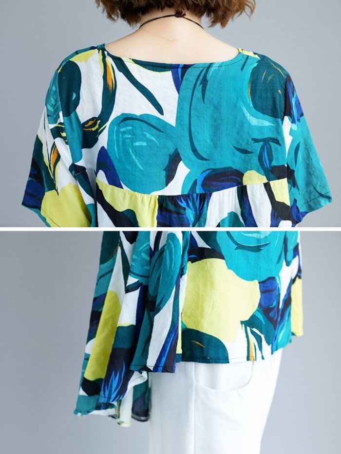 Women Short Sleeve Round Neck Vintage Floral Casual Tops