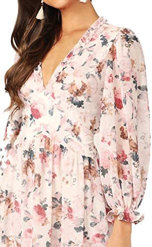 Romwe Women's Casual Floral Print Off Shoulder Trumpet Sleeve Swing Dress