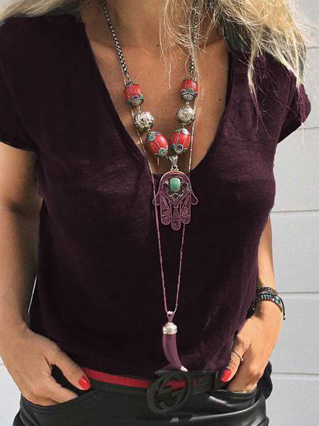 Black Casual V Neck Cotton Shirts & Tops