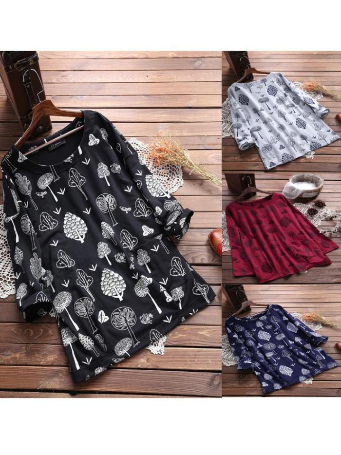 Long Sleeve Floral Round Neck Casual Tops
