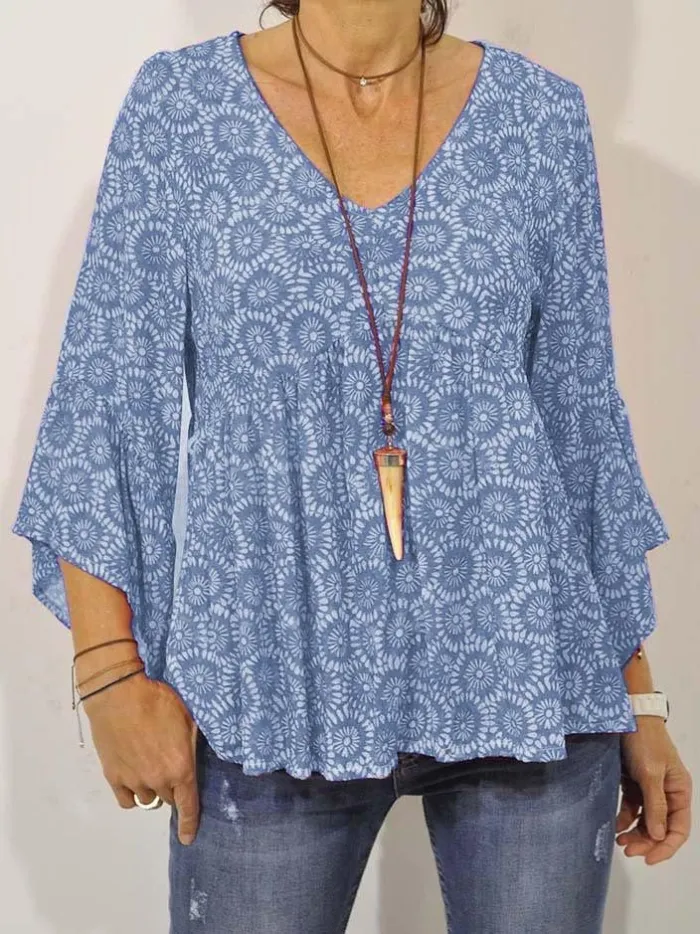 Plus Size V Neck Casual 3/4 Sleeve Printed Tops