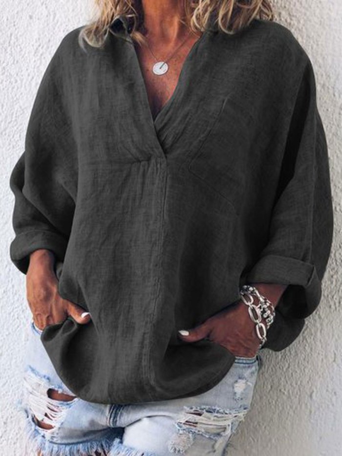 Women V Neck Thin Summer Linen Plus Size Casual Long Sleeve Solid Tops