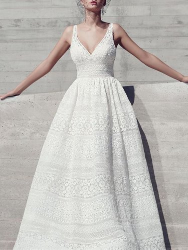 Deep V-Neck Hollow Out Plain Lace Wedding Evening Dress