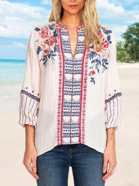 Cotton-Blend Casual V Neck Long Sleeve Shirts & Tops