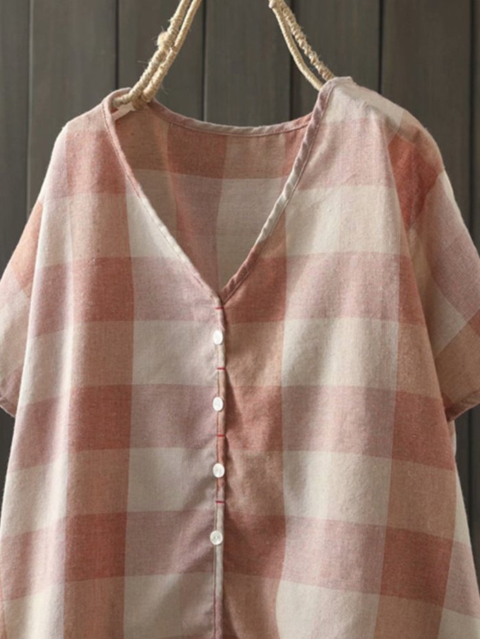 Plaid Print Button Short Sleeve Blouse For Women