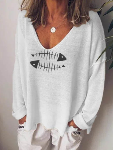 Cotton-Blend Casual V Neck Animal Shirts & Tops