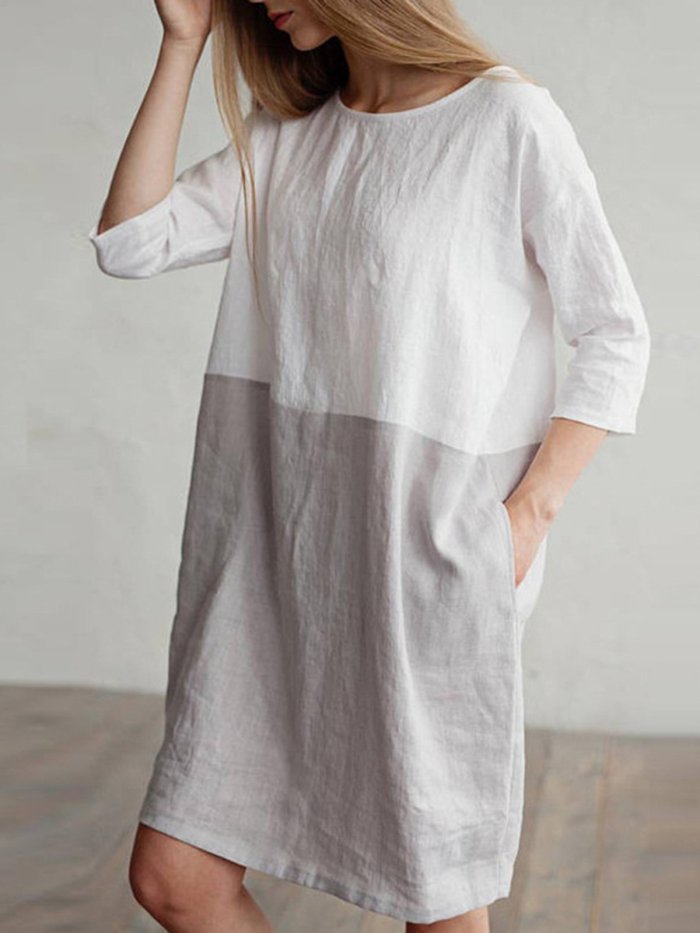 Brown 3/4 Sleeve Pockets Shift Plus Size Dress