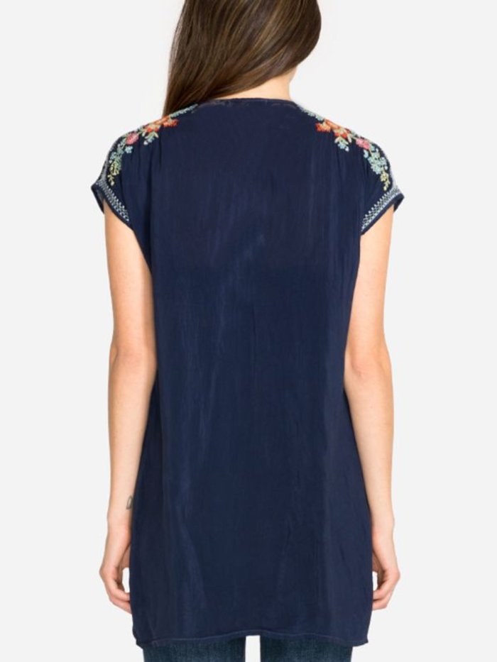 Deep Blue Plain Short Sleeve V Neck Shirts & Tops