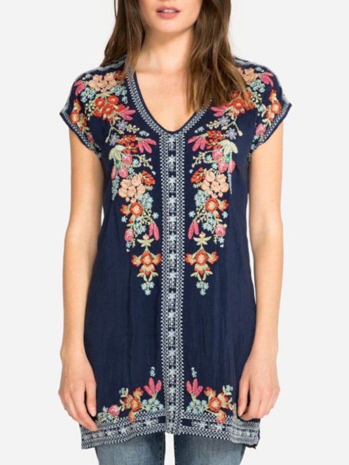 Deep Blue Plain Short Sleeve V Neck Shirts & Tops