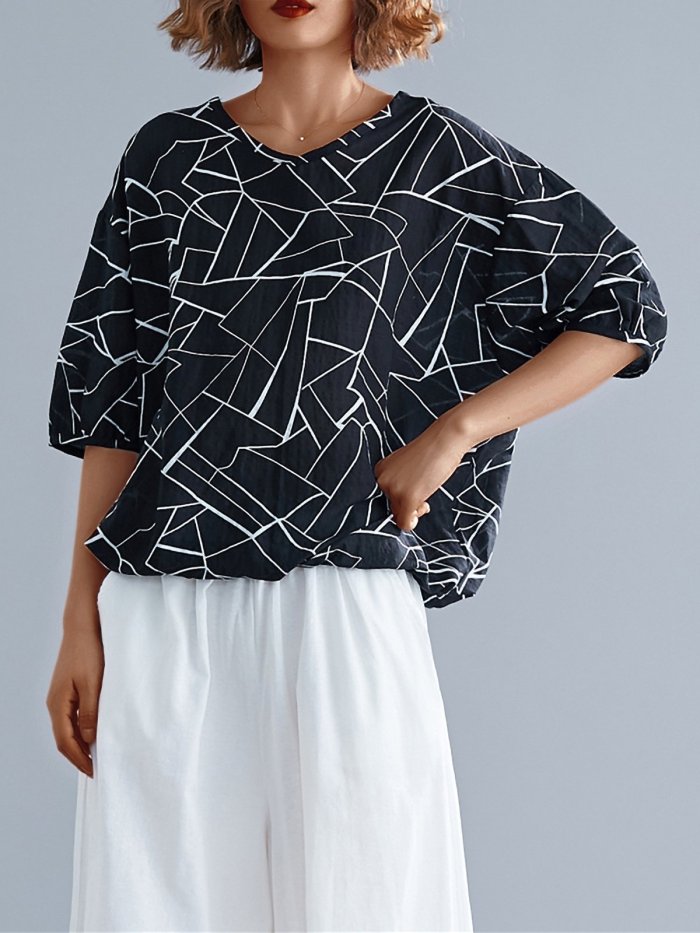 Simple Line Floral Short Sleeve Cotton And Linen Loose Casual Tops
